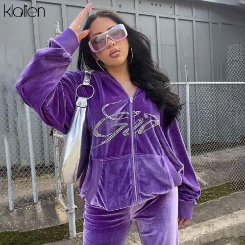 KLALIEN Autumn Fashion Letter Diamond Hooded Zipper Coat and Wide Leg Pants Two Piece Set For Women Casual Loose Streetwear Suit