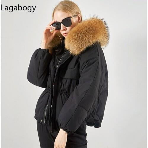 Lagabogy 2021 Winter 90% White Duck Down Coat Women Thick Warm Puffer Jacket Female Big Real Raccoon Fur Hooded Loose Snow Parka