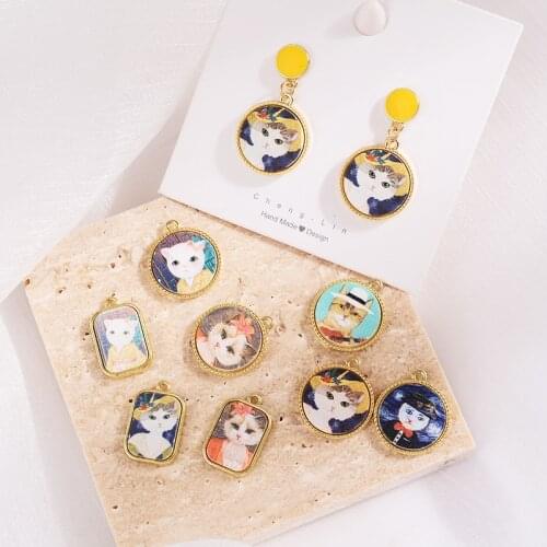 Retro 40pcs/lot cats pattern print wood core geometry rounds/rectangle shape alloy floating locket charms diy jewelry accessory