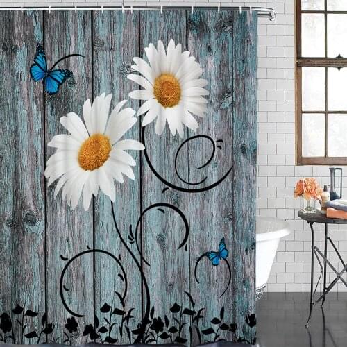 Daisy Retro Wood Grain Butterfly Shower Curtain Polyester Fabric Waterproof Shower Curtains Modern Bathroom Curtain