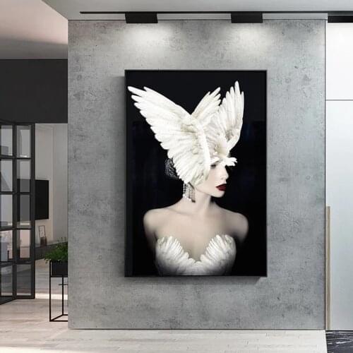 Modern Feather Girl with White Pigeon Posters and Prints Wall Art Picture Canvas Painting for Living Room Home Decor Cuadros