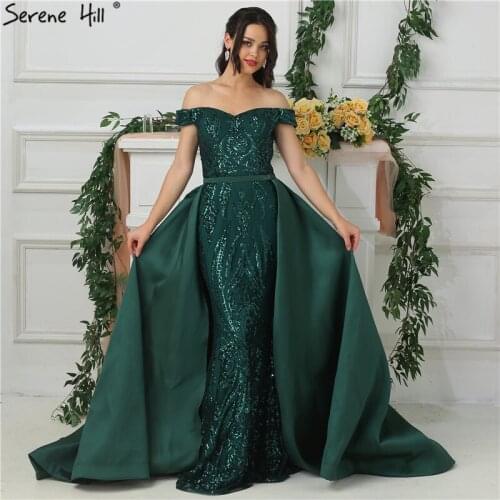 Dark Green Off Shoulder Sequins Evening Dresses with Train 2020 New Design Long Formal Dress Dubai Robe De Soiree BLA6659