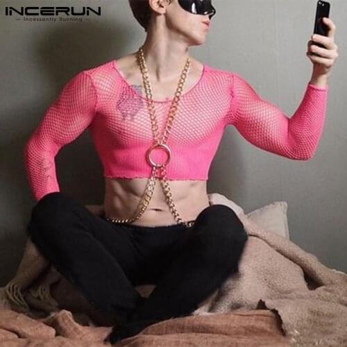 INCERUN Tops 2021 New Mens Tees European And American Style Sexy Short Mesh Long-sleeved Round Neck See-through T-shirt S-5XL