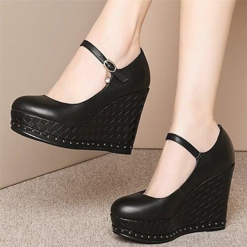 Platform Oxfords Shoes Women Ankle Strap Genuine Leather Wedges High Heel Pumps Female Low Top Round Toe Mary Janes Casual Shoes
