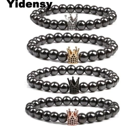 Yidensy Charm Natural Stone Bracelets Golden Black Crown Mens Bracelets Healthing Hematite Beads Bracelet For Women Men Jewelry