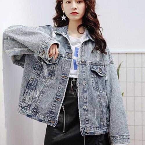 Net Red Denim Jacket Womens 2021 Spring Autumn New Korean Fashion Loose Hole Long Sleeve All-Match Retro Cowboy Coat Female A513