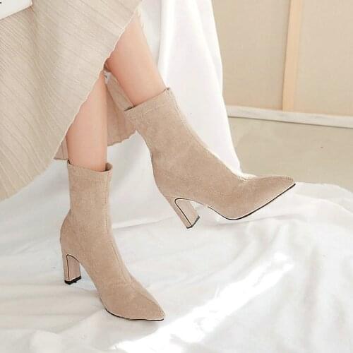 Women Faux Suede Square High Heel Ankle Boots Fashion Slip On Pointed Toe Short Boots Ladies Autumn Winter Shoes Woman Black