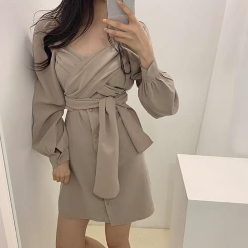 Mazefeng New 2020 Spring Summer Women Dresseses Single-breasted Lace Up Bow Elegant High Waist Korean Style Dresses Mini