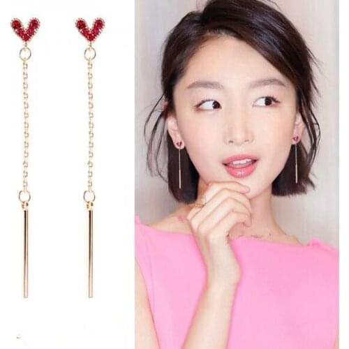 Wedding party gift sweet Heart-shaped crystal earrings ladies simple and elegant Tassel chain earrings Female jewelry accessorie