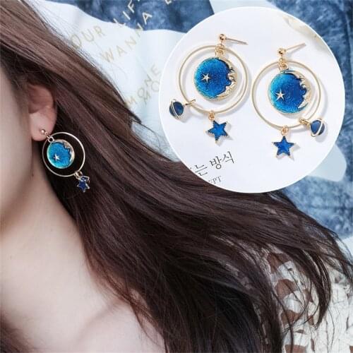 Fashion Blue Space Universe Moon Star Earrings For Women Gold Color Universe Planet Circle Asymmetry Long Earrings Jewelry gifts