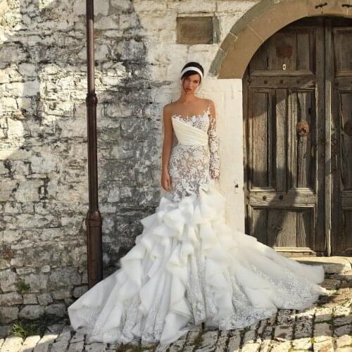 New Designer One Shoulder Flowers Mermaid Wedding Dress Lush Tulle Bottom Pretty Florals Lace Biral Gowns Robe De Mariage