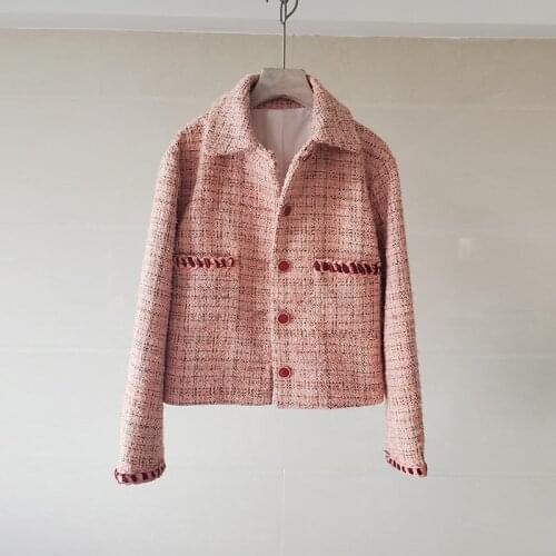 Plaid Tweed Jackets Coat Women Single Breasted Woolen Coat Luxury Vintage Elegant Pockets Outwear Pink Long Sleeve Coat C905