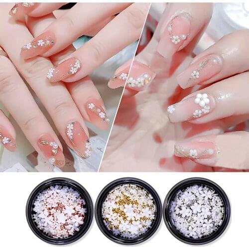 1 Box Nail Floret Accessories Five Petal Jewelry 3D White Flowers Gold/Silver/Copper Pearl Design Manicure Nail Art Decorations