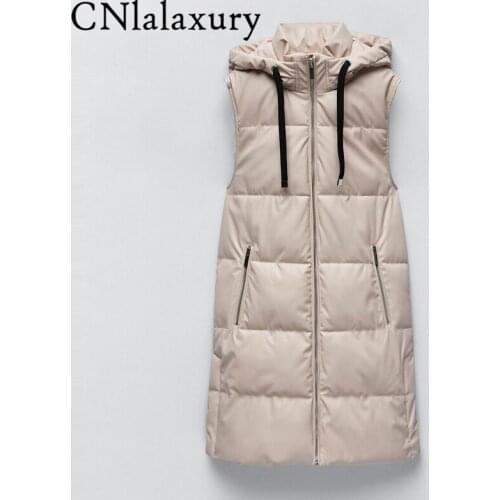 2021 Za Winter Fashion Hooded Vests Women Elegant Side Pockets Coats Female Faux Leather White Straight Long Vest Ladies Parkas