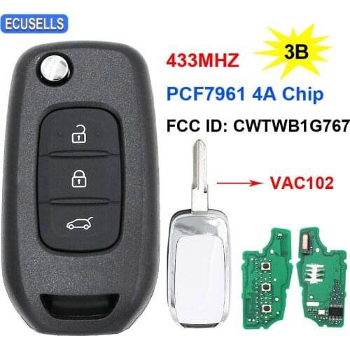 3 Button Flip Remote Key 433Mhz PCF7961 4A Chip FCC ID: CWTWB1G767 for Renault Kadjar Captur Symbol Megane 3 2013 - 2017 VAC102