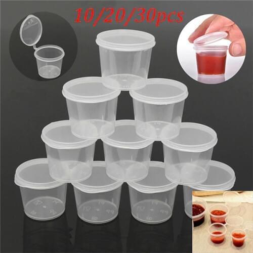 30/20/10Pcs Small Plastic Sauce Cups Food Storage Containers Clear Boxes + Lids