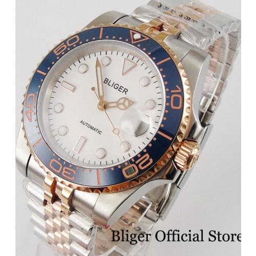 BLIGER Automatic Men Watch White 316L Steel Case Jubilee Bracelet NH35 miyota 8215 Movement Ceramic Insert Screw Crown
