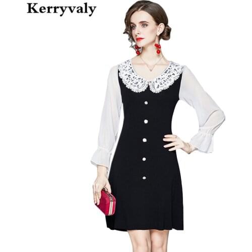 French Retro Slim-Fit Lace Panel Jersey Dress Vestido Invierno Mujer 2021 Autumn Long Sleeve High Waist Midi Casual Dress K6965