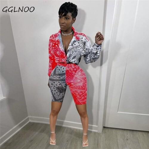 GGLNOO 2021 Spring Pant Women Set Weird Pattern Matching Front Zip Up Cashew Flower Print Splicing Two-Piece Suit Sporty Club