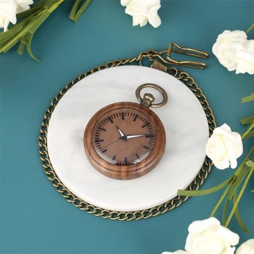 Coffee Brown Walnut Wood Luminous Hands Quartz Pocket Watch Bronze Fob Natural Wooden Pendant Timepiece Antique Clock Gifts