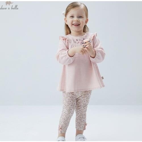 DBM17175 dave bella spring baby girls cute floral print clothing sets kids fashion long sleeve sets children 2 pcs suit