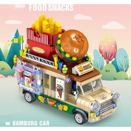 QUNLONG Friends For Girl Food Truck Ice Cream Shop Hamburger Store City Street View Building Blocks Bricks Mini Friends Car Toys