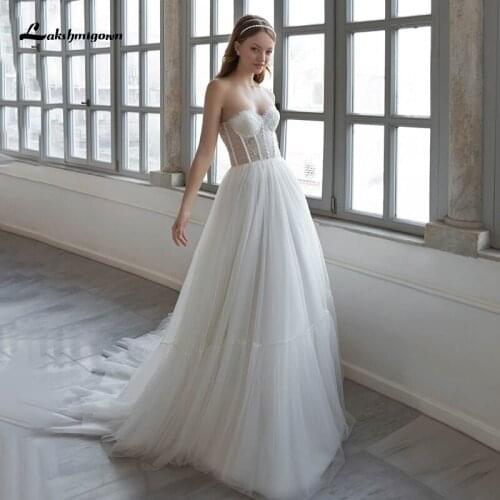 Lakshmigown Tulle Strapless Wedding Dress 2021 Boho Applique Pearls Lace-up A Line Bridal Dress Sweep Train vestido de novia