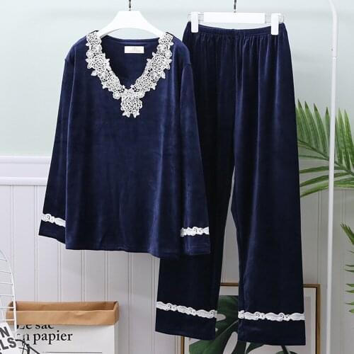 Fdfklak 2021 HOT Pyjamas High Quality Golden Velvet Pajama Sets Home Clothes Autumn Winter New Lace V-Neck Nightwear