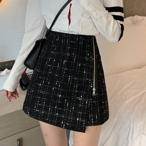 Fashion Irregular Tweed Woolen Skirts Womens Fall Winter High Waist Side Zipper Short Mini Black Shirt Mujer Faldas Moda 2020