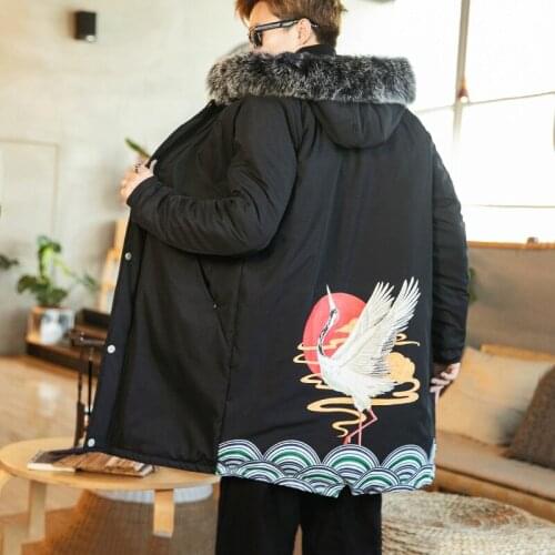2019 Retro Long Sleeve Parkas Men Winter Jacket Warm Oversized Coat Hip-Pop Printing Crane Hooded Long Jackets For Men KK3207