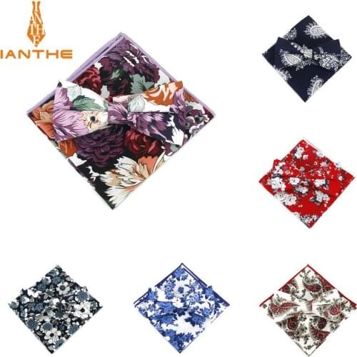 Fashion Mens Cotton Bow tie Hanky Set Paisley Print Bowtie for Men Pocket Square Ties Sets Wedding Grooms Floral Butterfly