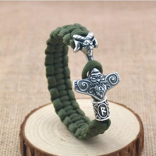 Viking Mens Stainless Steel Thors Hammer Odin Face Bracelet Nordic Rune Bead Amulet Green Umbrella Cord Braided Bracelet