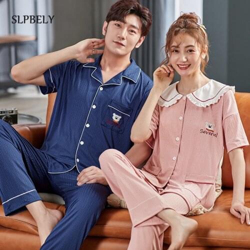 SLPBELY Couple Pajamas for Men and Women 2 Pcs Pyjamas Set Lapel Short Sleeve Loungewear Home Clothes Cotton Pyjamas Couple Set