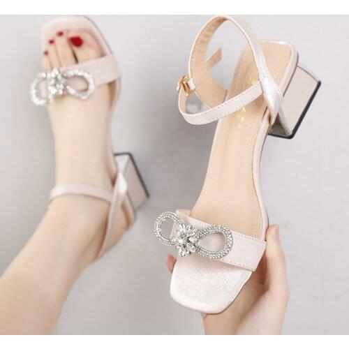 Crystal rope bow sandals women metal thick heel gladiator sandalias mujer ankle strap rhinestone narrow band sandales big size43