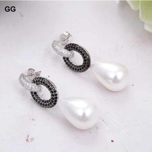 GuaiGuai Jewelry Teardrop White Sea Shell Pearl Cz pave Stud Earrings