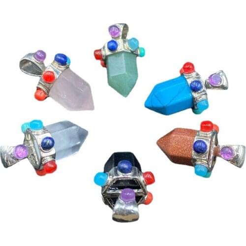 7 Chakra Hexagon Natural Stone Amethysts Point Pillar Pendulum Healing Pendant for Jewelry Making wholesale