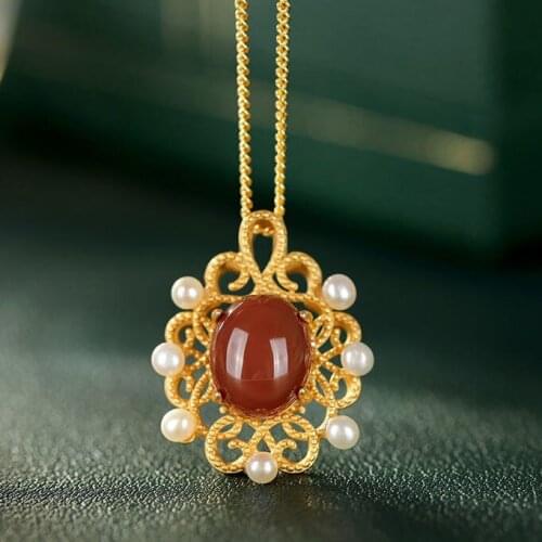 Hetian Jade Southern Red Agate Pendant Inlaid S925 Sterling Silver Palace Style Baroque Personalized Clavicle Chain Necklace Pen