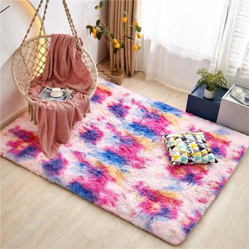 Tie Dye Faux Fur Area Rug Rectangular Soft Shaggy Fluffy Floor Mat Living Room Carpet Multi-Color Plush Fuzzy Decorative Carpet
