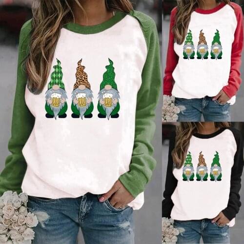 St. Patricks Day Casual Sweatshirt Women Long Sleeve O-Neck Sportswear Tops Faceless doll Print Pullover Sweater Blouse Tee