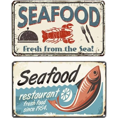 Vintage Fresh Seafood Tinplate Retro Poster Chicken/Egg/Fish/Shrimp Seafood Restaurant Decor Metal Tin Poster 20*30cm