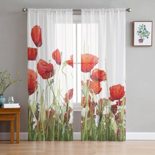 Poppy Flower Window Treatment Tulle Modern Sheer Curtains for Kitchen Living Room the Bedroom Curtains Decoration