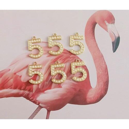 10pcs Pearl Number Five Charms Dangle Jewelry Gold Tone Metal 5 Pendants DIY Earring Bracelet Necklace Making Accessory YZ685