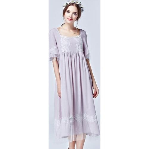 Summer Long Sleepwear Women Half Sleeve Square Collar Nightgowns 2016New Vintage Home Dress For Lady Plus Size Night Gown Female