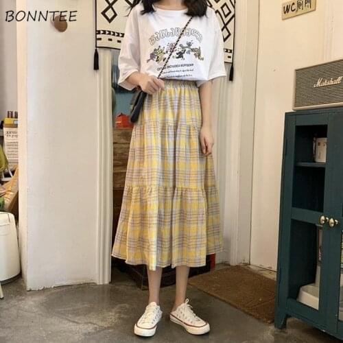 Skirts Women Plaid High Elastic Waist Student Novelty Prevalent Summer Leisure All-match Korean Style Elegant Stylish Daily New