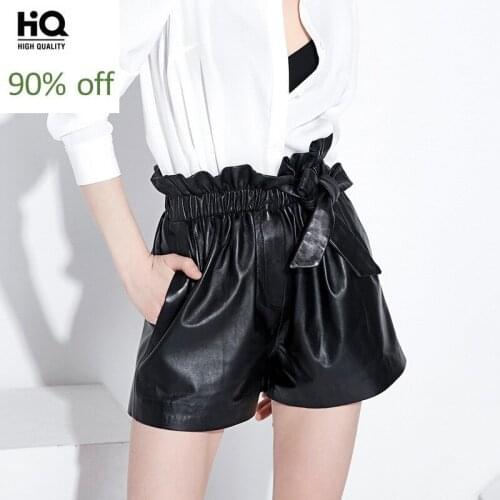 Womens Leather Shorts 2020 New Korean Fashion Elastic Mid Waist Casual Ruffles Sweet Female Trousers Streetwear Loose Fit Short