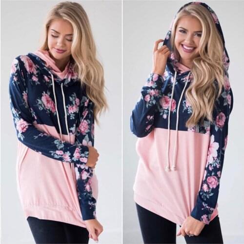 Autumn Winter Vintage Flower Print Drawstring Hoodies Hooded Casual Sports Tops Pink Grey Sweatshirts Women Patchwork Pullovers