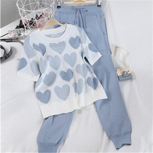 Summer High Quality Womens Knitting 2 Piece Sets Sweet Heart Shaped Beaded Short Sleeve Tops+Bow Lace-Up Long Pants Set