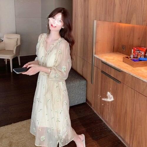 Womens Summer Sexy Fashion Bubble Sleeve Lace High Split Long Skirt Retro Korean Elegant Floral Drawstring Woman Dress