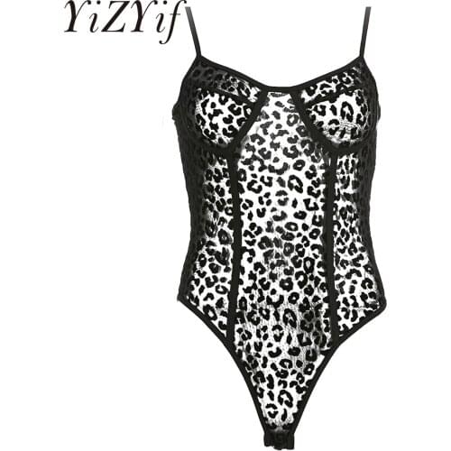 Women Sexy Leopard Bodysuit Sleeveless Mesh See Through Lace Skinny Bodycon Bodysuit Femme Rave Festival Nightclub Rompers