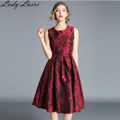 New Spring Sleeveless Jacquard Dress Casual Party Slim O-neck Printing Dresses Womens A-line Vintage work Vestidos plus size